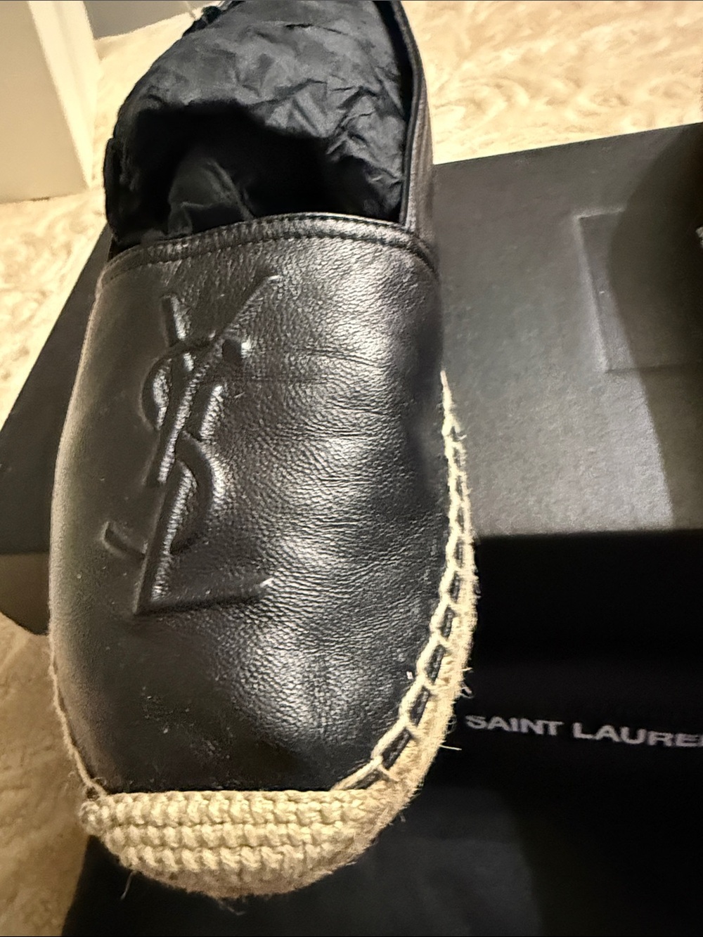 Saint Laurent Black Leather Espadrille Slip-Ons with Jute Trim - Picture 3 of 6